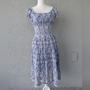 Elegant Blue and White Lace Midi Dress